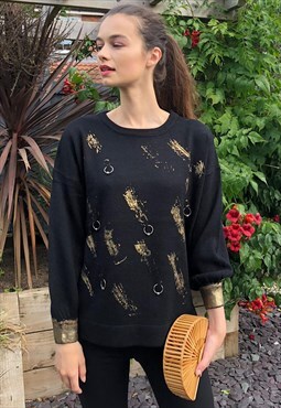  Balloon Sleeve Jumper with Gold Metallic Print and Ring