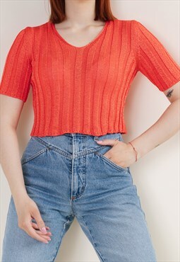 Vintage 70s Short Sleeve Knitwear Crop Top in Shiny Red S