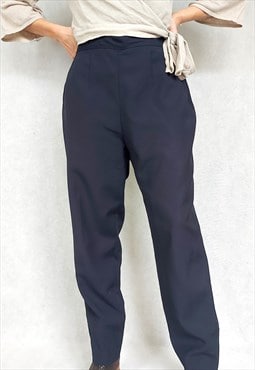 Vintage 80s Dark Blue Pure New Wool Pleated Pants, Medium