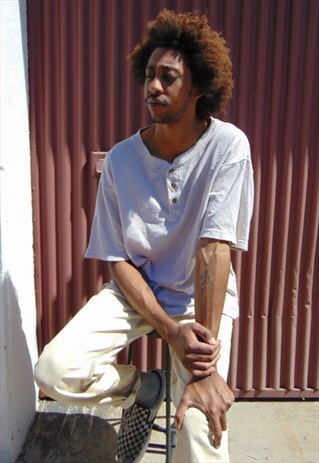 90S CLASSIC SKATER SHORT SLEEVE BEIGE PIQUE HENLEY SHIRT