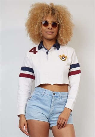 VINTAGE 90'S RALPH LAUREN REWORKED WHITE CONTRAST CROP POLO