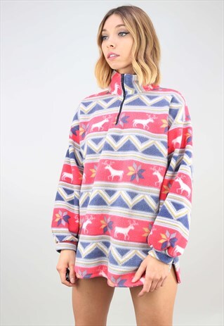 VINTAGE 90S OVERSIZED 1/4 ZIP PATTERNED FLEECE