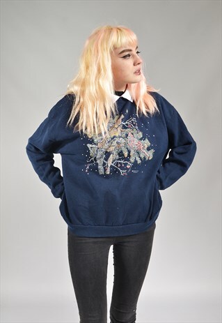 VINTAGE NAVY BLUE CHRISTMAS TREE SWEATER