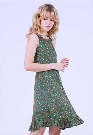 VINTAGE 70'S GREEN FLOWER PRINT DRESS