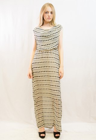 BLACK WHITE COLOR MULTI STAR PRINT CHIFFON MAXI DRESS