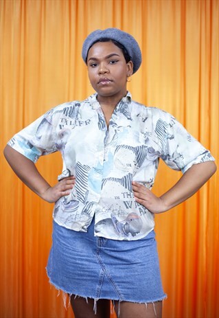 VINTAGE 90S BLOUSE WHITE GREEN BLUE ZEBRA SHORT SLEEVED