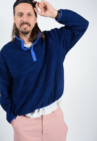VINTAGE LL BEAN 80S FLEECE JUMPER BLUE BUTTON NECK