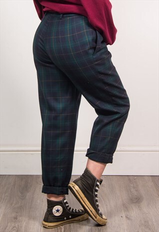 90'S GREEN CHECKED TAPERED HIGH WAIST TARTAN TROUSERS