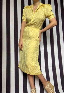Vintage 80s yellow polka dots dress, shoulder pads, medium
