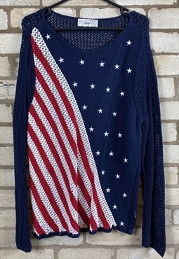 Navy and Red American Knit Sweater Women's Large