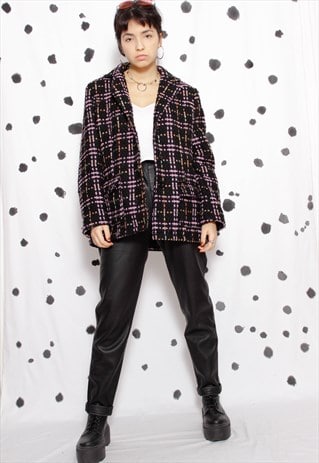 90S GRUNGE ELEGANT CHECKED TARTAN TWILL PINK BLAZER COAT