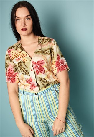VINTAGE 90'S RETRO FLORAL & ANIMAL PRINT BLOUSE SHIRT TOP
