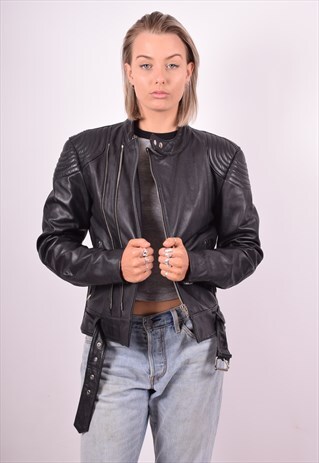 WOMENS VINTAGE LEATHER BIKER JACKET SMALL BLACK 90'S