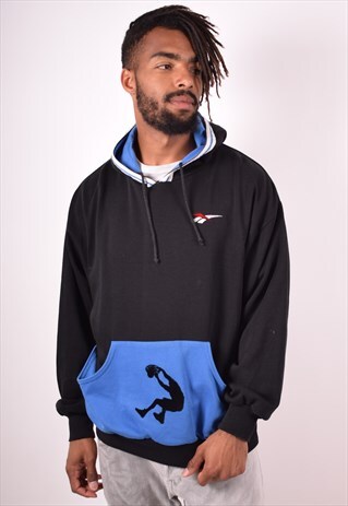 REEBOK MENS VINTAGE HOODIE JUMPER LARGE BLACK 90S