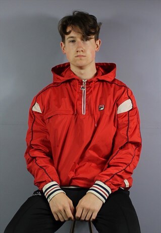VINTAGE FILA WHITE LINE HOODED WINDBREAKER IN RED WITH EMBRO