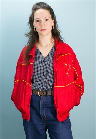 VINTAGE 80S MOON AND STARS EMBROIDERED WINDBREAKER JACKET