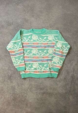 Vintage Abstract Knitted Jumper 3D Flower Patterned Sweater
