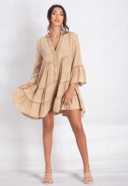 beige cheesecloth tiered smock dress