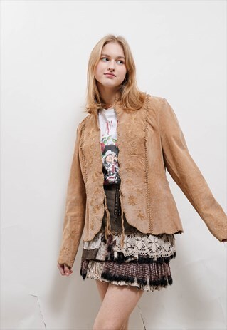 VINTAGE FITTED BROWN SUEDE JACKET WITH FLORAL EMBROIDERY S