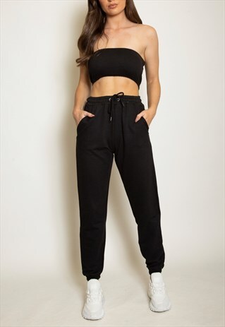 CROPPED BANDEAU TOP AND JOGGERS SET IN BLACK