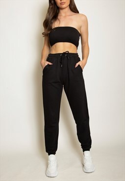 Cropped Bandeau Top And Joggers Set In Black 