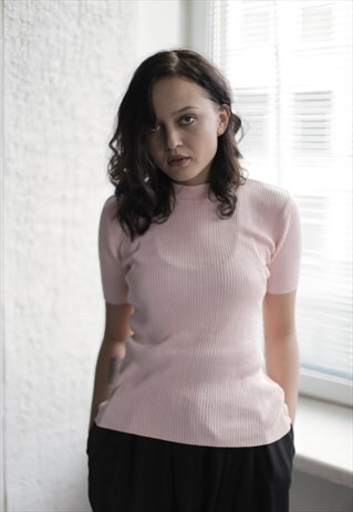 VINTAGE 90'S PASTEL PINK SILK RIBBED HIGH COLLAR TOP