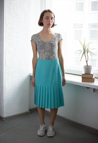 VINTAGE 60'S BLUE HIGH WAISTED PLEATED BOTTOM MIDI SKIRT
