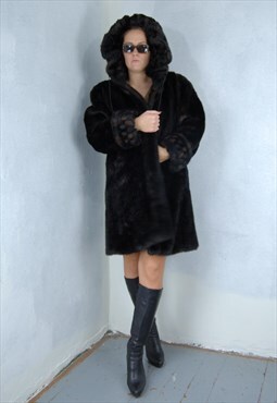 Vintage 90's Black Fluffy FAUX Leather Rave Trench Coat 