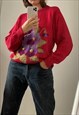 VINTAGE 80S PANSY PATTERN KNIT JUMPER SWEATER PULLOVER
