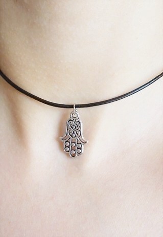 SILVER HAMSA CHOKER - LEATHER CHOKER