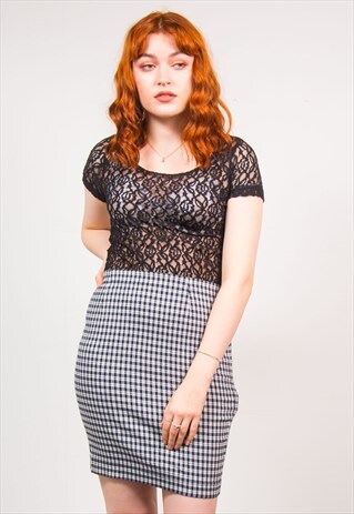 VINTAGE 90'S BLACK FLORAL LACE MESH SHORT SLEEVE CROP TOP