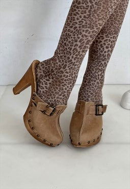 90's Vintage iconic studded heeled clogs in hay beige