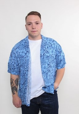 90s blue Hawaiian shirt, vintage flowers print summer top