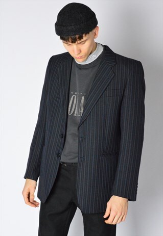 VINTAGE 80S BLACK NAVY BLUE STRIPED WOOL BLEND BLAZER