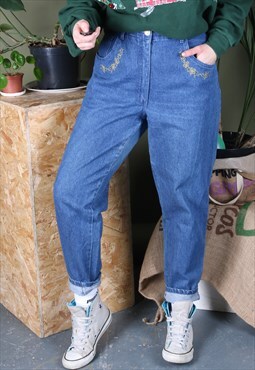 Vintage High-waisted Mom Jeans in Blue with Gold Embroidery