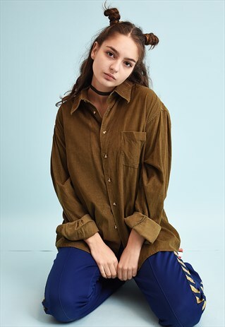 90'S RETRO MINIMALIST KHAKI CORDUROY SHIRT TOP