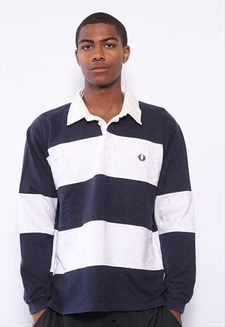 VINTAGE FRED PERRY LOGO RUGBY POLO SHIRT WHITE AND BLUE