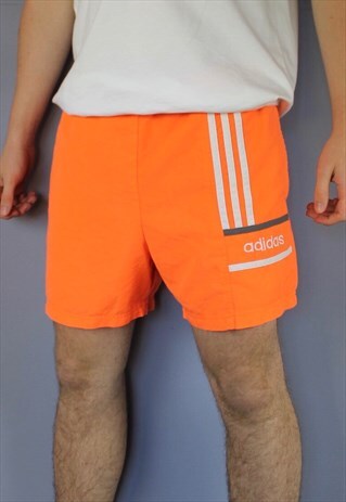 VINTAGE ADIDAS SHORTS IN NEON ORANGE WITH POCKETS, EMBROIDER