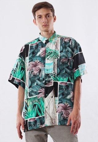 VINTAGE HAWAIIAN 90S GREEN FLOWERS PRINTED