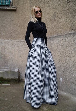 GINGHAM LONG SKIRT HIGH-LOW WAIST TAFETTA MAXI SKIRT F1578