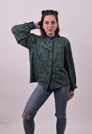 VINTAGE 80'S GREEN & PURPLE FLOWER PRINT MOM SHIRT MEDIUM