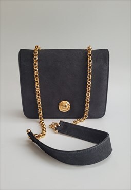 Vintage Black Lace Embossed Nubuck Leather Shoulder Bag