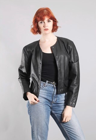 VINTAGE 80S BLACK LEATHER CROPPED POPPER JACKET