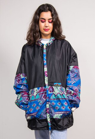 90'S VINTAGE BLACK PATTERNED PANEL CAGOULE JACKET FESTIVAL