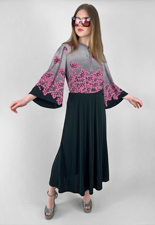 Prince Carmino of Paris 70's Vintage Floral Black Midi Dress