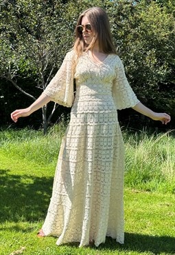 70's Vintage Cream Crochet Sheer Fluted Sleeve Maxi Dress