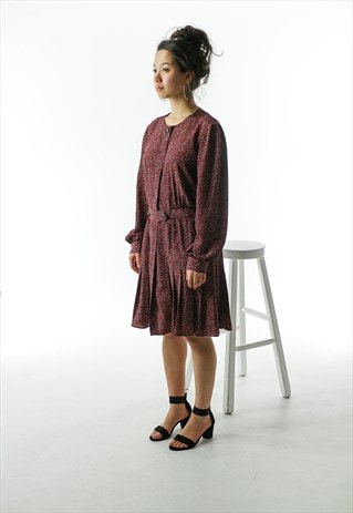 BLACK AND RED POLKADOT DRESS / LONG SLEEVE PLEATED DRESS