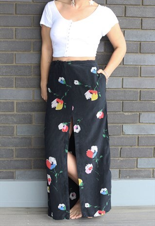 VINTAGE 1990S SILK FLORAL HIGH WAISTED SLIT SKIRT