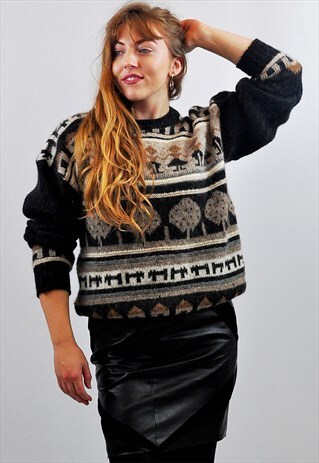 VINTAGE 90S CREAM NORDIC PATTERN OVERSIZE WOOL JUMPER