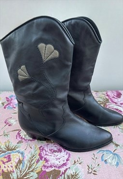 70's Vintage Salamander Black Leather Ladies Cowboy Boots